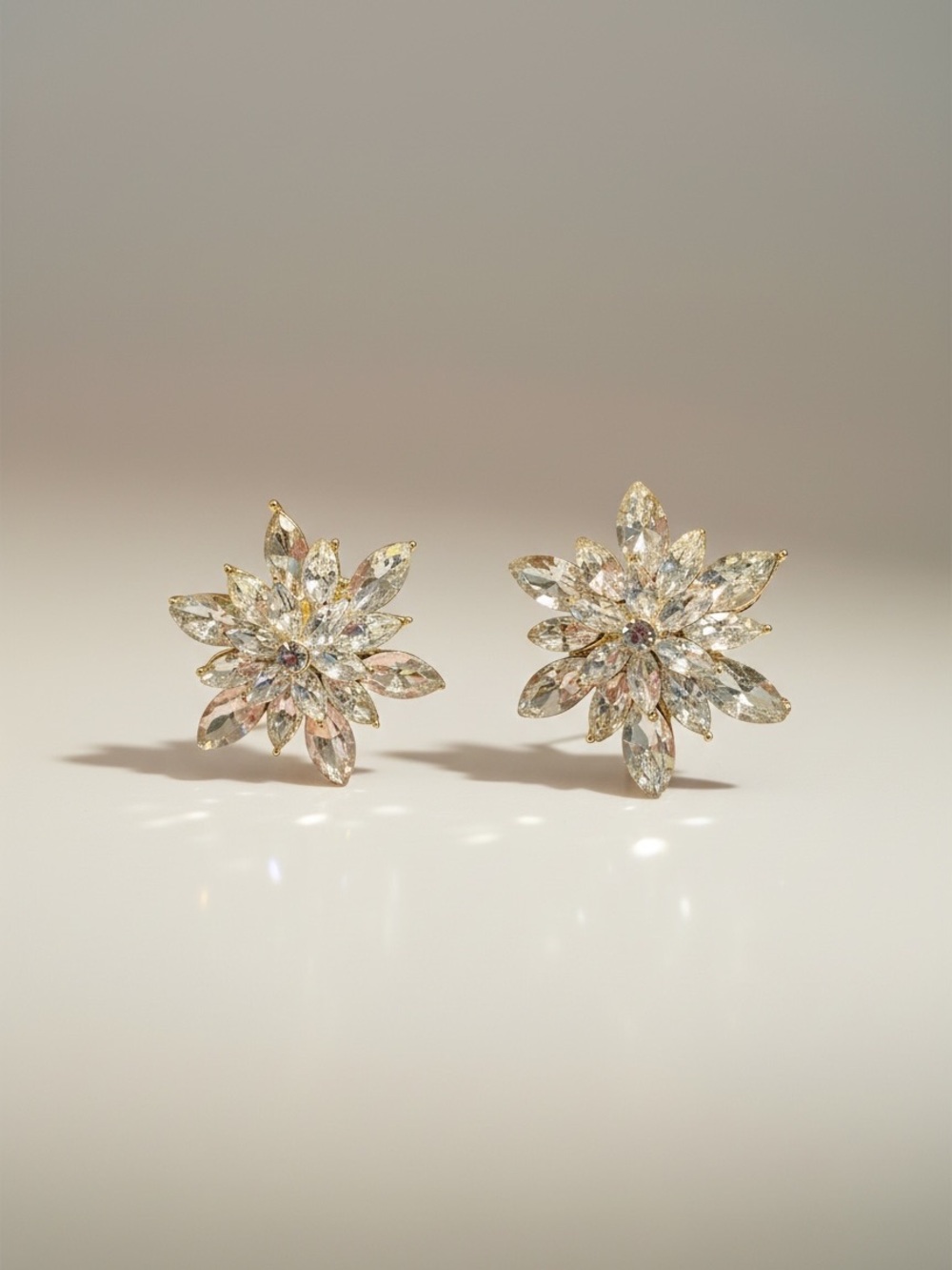 Gold-Tone Crystal Flower Stud Earrings - Clear Sparkle